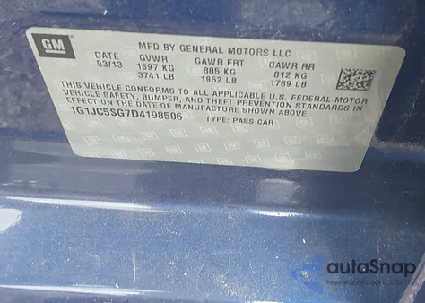 2013 Chevrolet Sonic Lt Auto z USA, uszkodzony, nr VIN 1G1JC5SG7D4198506